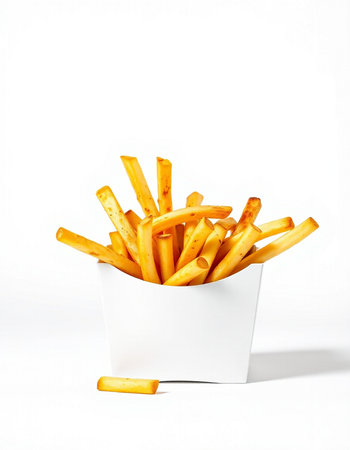 French fries in a paper box on a white background. Isolated