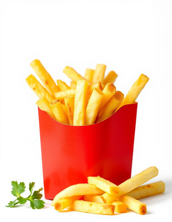 French fries in a red box on a white background. Isolated