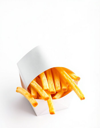 French fries in a paper box on a white background.の写真素材