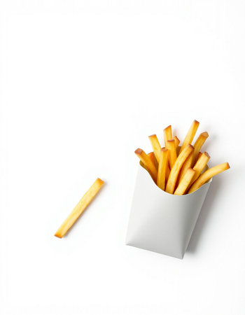 French fries in a white box on a white background, top viewの写真素材