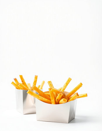 French fries in a paper box on a white background with copy space