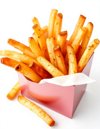 French fries in a box on a white background. Selective focus.