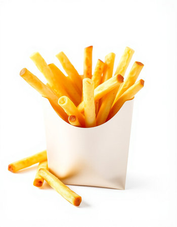 French fries in paper box isolated on white background. Selective focus.