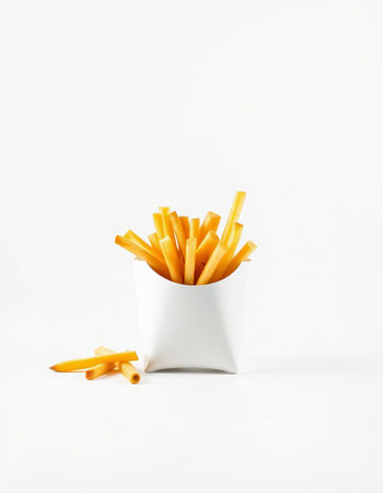 French fries in a white bowl on a white background.