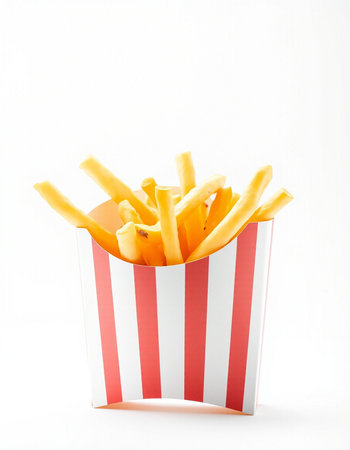 French fries in paper box isolated on white background. Fast food concept.