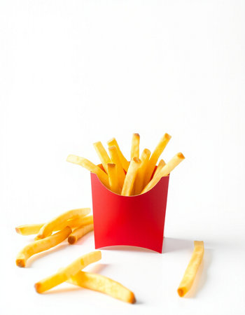 French fries in a red box on a white background. Selective focus.