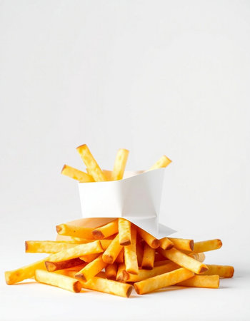 French fries in paper box on white background. Selective focus.