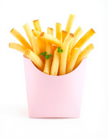 French fries in a pink box on a white background, close-upの写真素材
