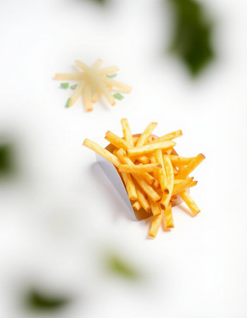French fries on a white background with space for text. Selective focus.
