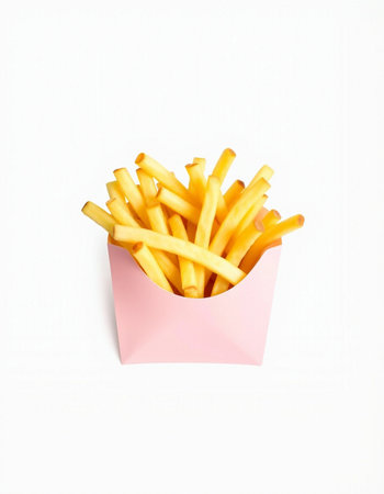 French fries in a pink paper box on a white background, isolatedの写真素材