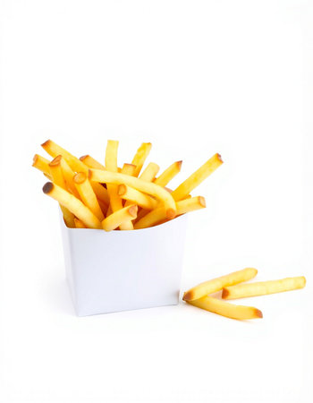 French fries in white box isolated on white background, clipping path included