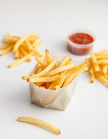 French fries with ketchup on white background. Selective focus.の写真素材