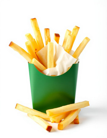 French fries in a green box on a white background. Isolatedの写真素材