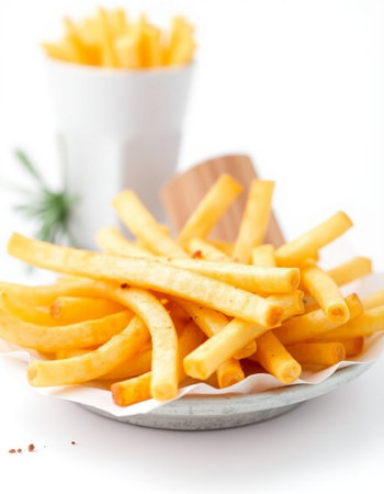 French fries on a white background. Selective focus. Shallow depth of field.