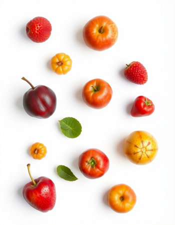 Fruits on a white background. Flat lay, top view.の写真素材