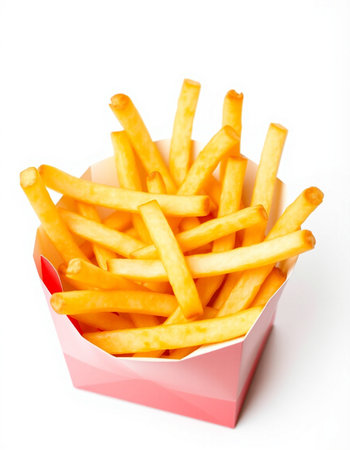 French fries in a red box on a white background close-upの写真素材