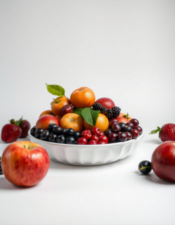 Assortment of fresh fruits in a bowl on a white background.の写真素材