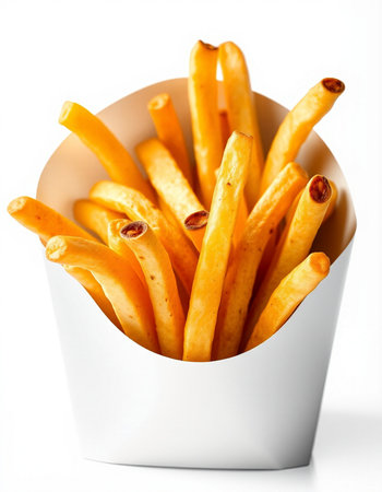 French fries in a paper box on a white background. Isolated