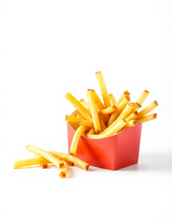 French fries in a red box on a white background. Isolated