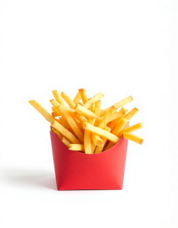 French fries in red box isolated on white background, clipping path included