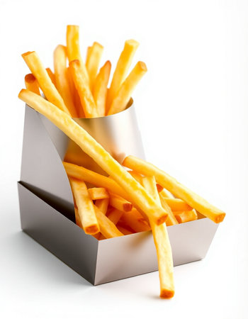 French fries in a box on a white background. Selective focus.