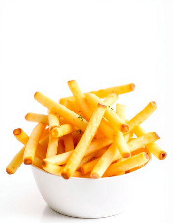 French fries in a bowl isolated on white background. Selective focus.