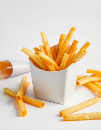 French fries in a white box on a white background, selective focusの写真素材