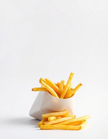 French fries in a white bowl on a white background. Selective focus.の写真素材