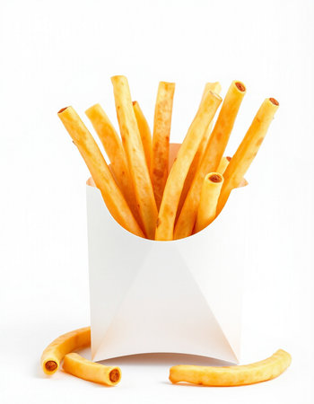 French fries in a paper box on a white background. Isolated