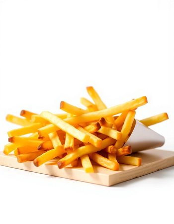 Golden French fries on a wooden plate isolated on white background.