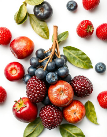 Mix of fresh berries on white background. Flat lay, top view