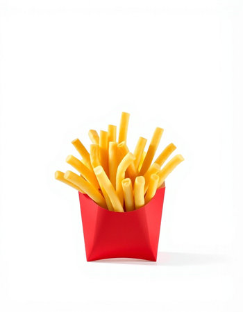 French fries in a red box on a white background. Isolated