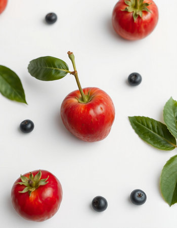 Red apples and blueberries with leaves on white background, top viewの写真素材