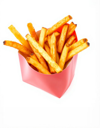 French fries in a pink box isolated on white background, fast foodの写真素材
