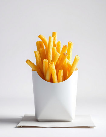 French fries in a white paper cup on a white background. Selective focus.