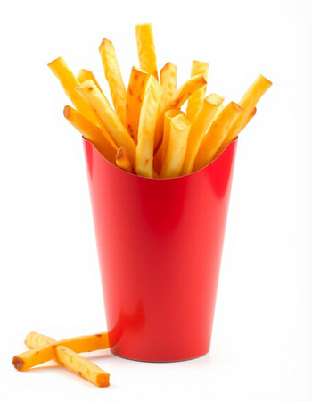 French fries in a red cup isolated on white background. Fast food.