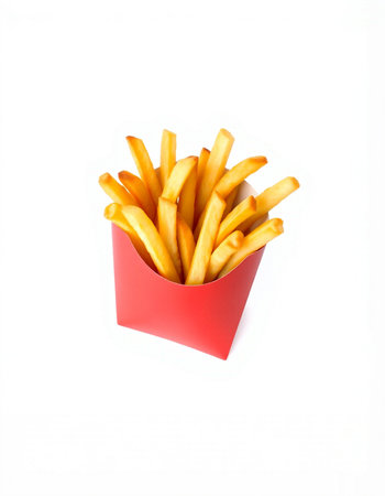 French fries in a red box isolated on white background. Fast food.