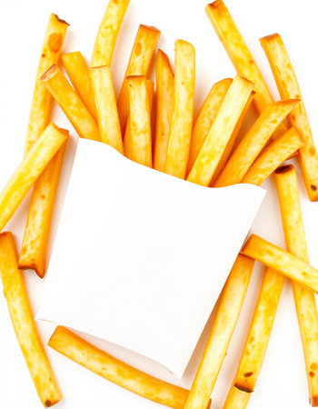 French fries with white paper isolated on white background. Top view.の写真素材