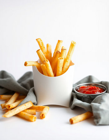 French fries with ketchup on white background. Selective focus.