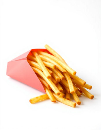 French fries in a red paper bag on a white background, isolatedの写真素材