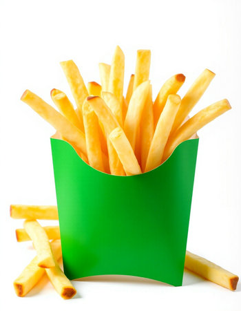 French fries in a green box on a white background. Isolated