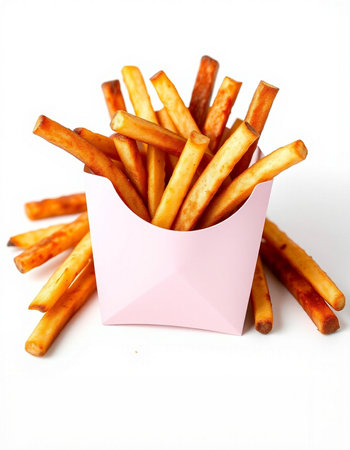 French fries in a paper box on a white background. Selective focus.の写真素材