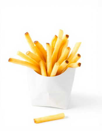 French fries in a white paper box on a white background, isolated