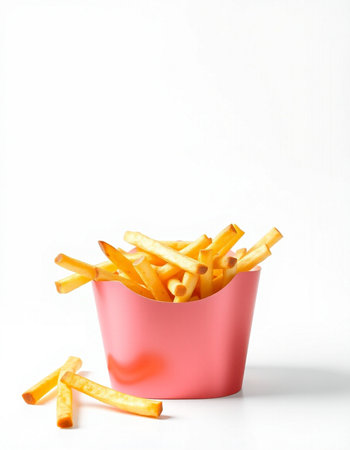 French fries in a pink bowl on a white background. Fast food.の写真素材