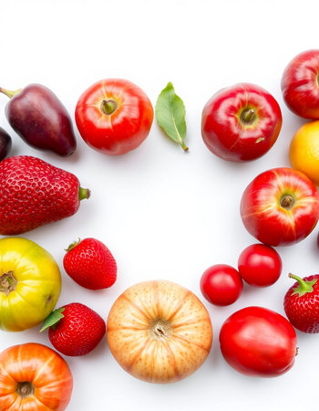 Fruits and vegetables isolated on white background. Top view. Flat lay.
