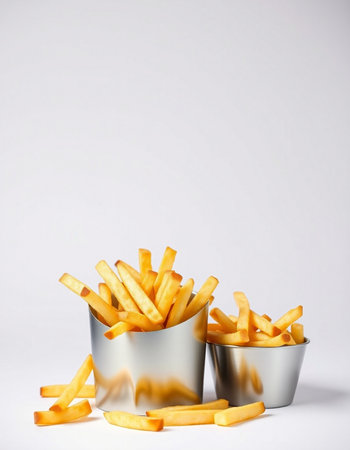 Golden French fries in metal bowl on white background. Copy space.の写真素材