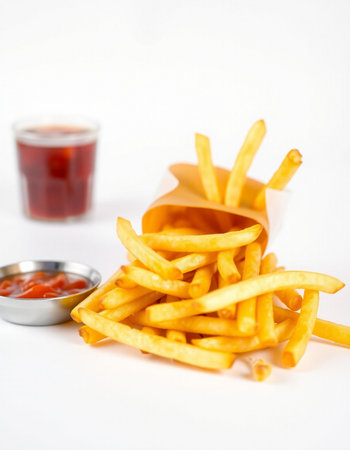 French fries with ketchup on white background. Selective focus.
