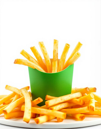 French fries in a green paper cup on a white background, isolated