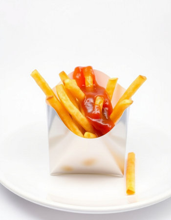 French fries with ketchup on a white background. Fast food.
