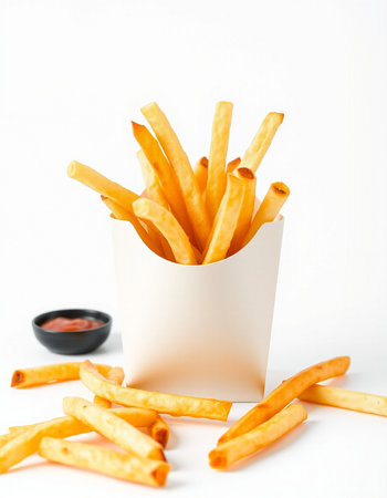 French fries with ketchup on white background. Shallow dof.